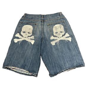 Vintage Grunge Skull Embroidered Denim Bermuda Shorts Button  Size 36